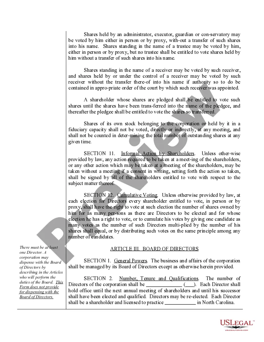 Preview Sample Bylaws for a North Carolina Professional Corporation