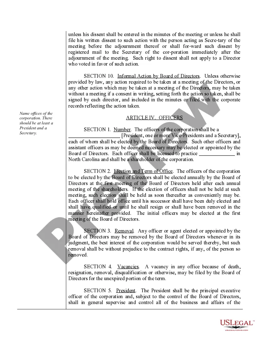 Preview Sample Bylaws for a North Carolina Professional Corporation