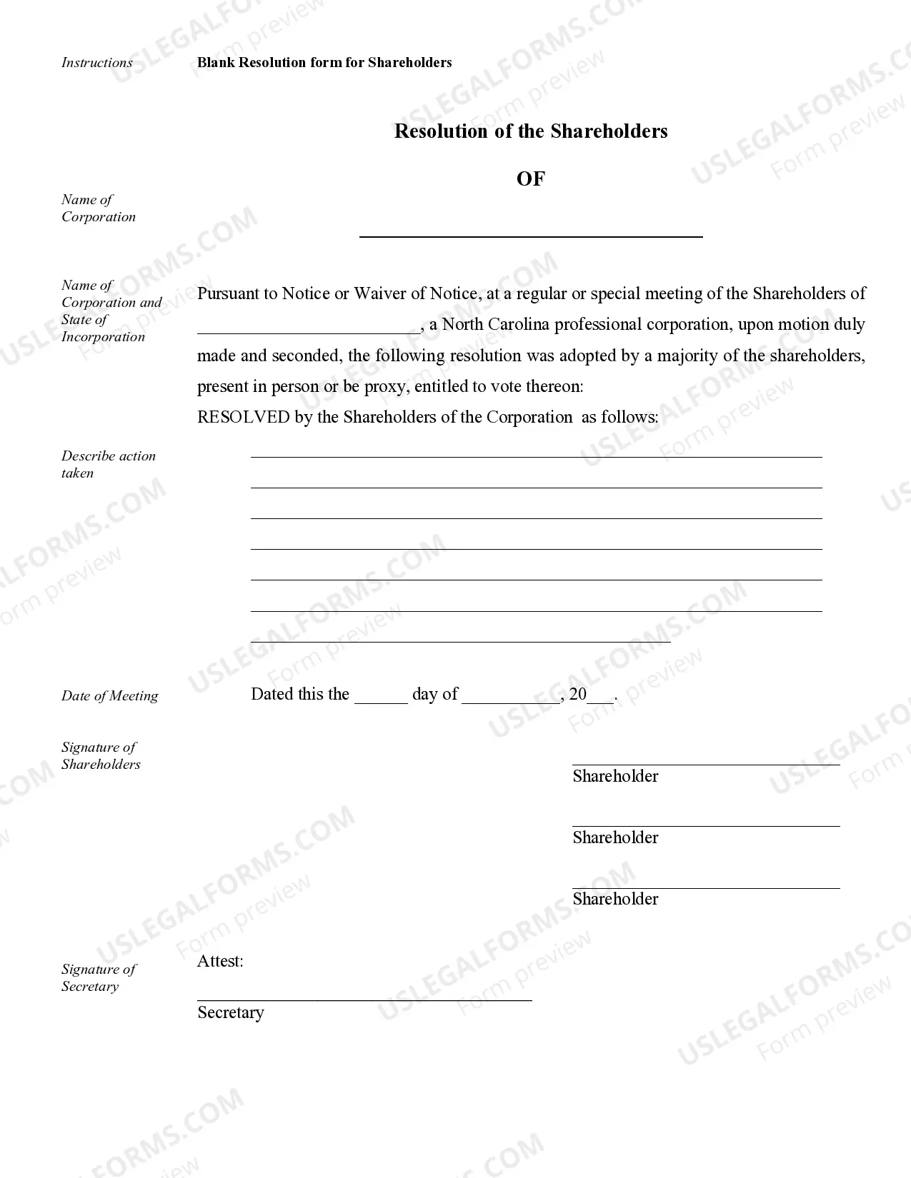 Preview Sample Corporate Records for a North Carolina Professional Corporation