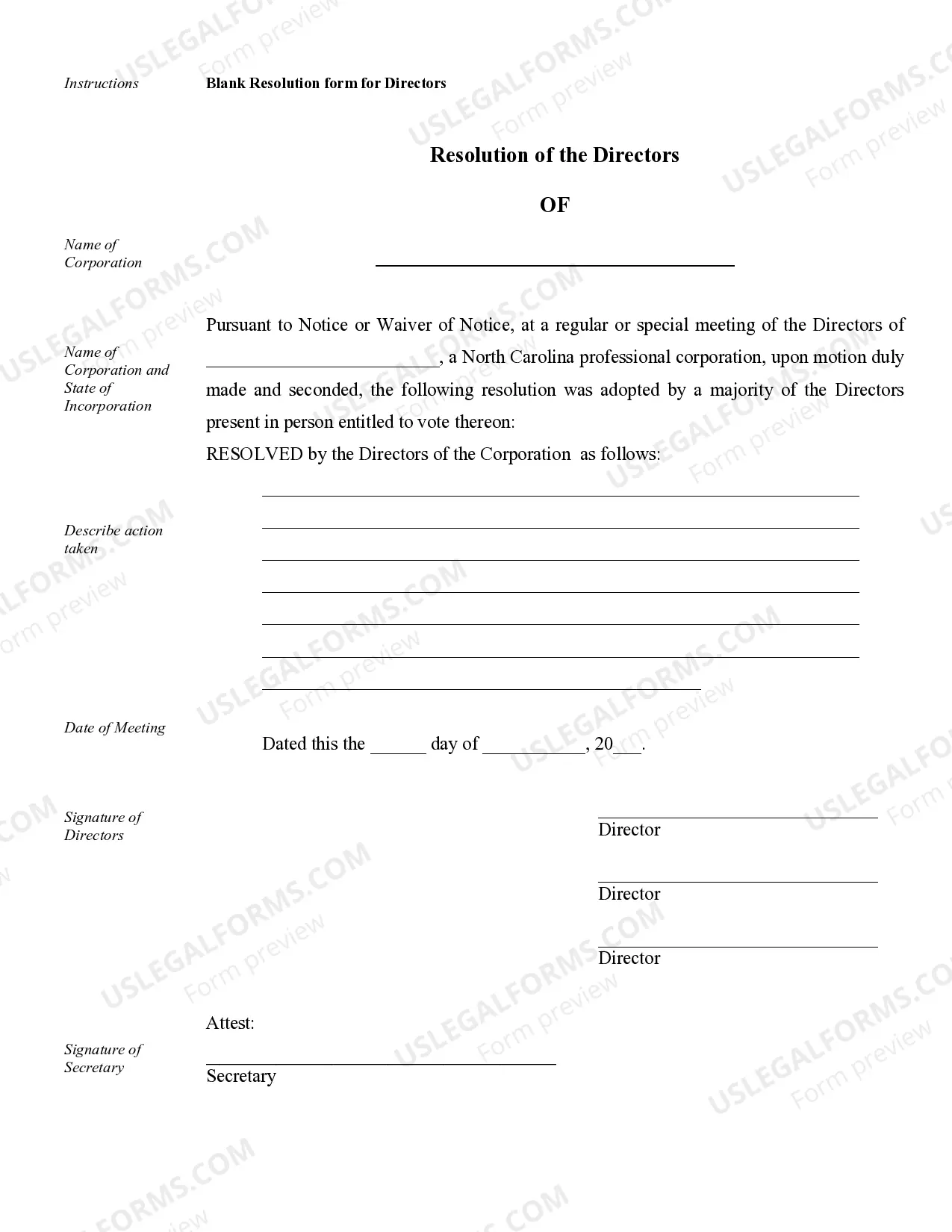 Preview Sample Corporate Records for a North Carolina Professional Corporation