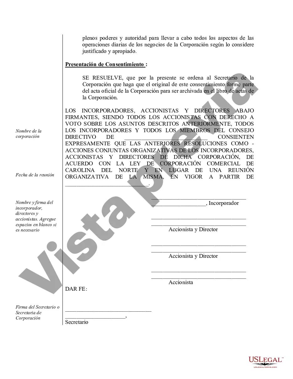 Preview Actas organizativas para una corporación profesional de Carolina del Norte