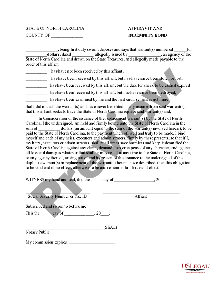 North Carolina Affidavit and Indemnity Bond US Legal Forms