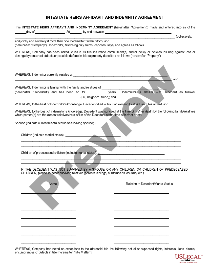 North Carolina Intestate Heirs Affidavit and Indemnity Agreement US