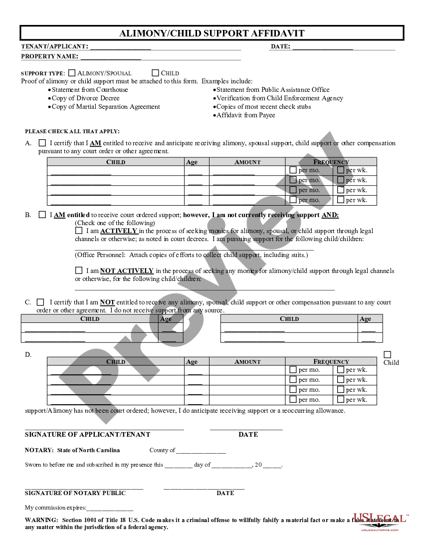 North Carolina Alimony-Child Support Affidavit | US Legal Forms