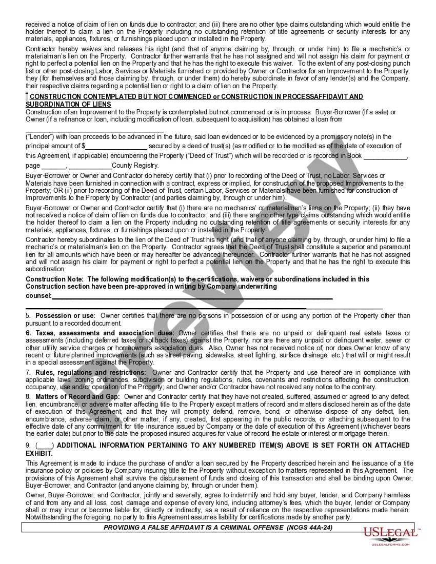 Preview Owner/Borrower/Contractor Affidavit and Indemnification Agreement