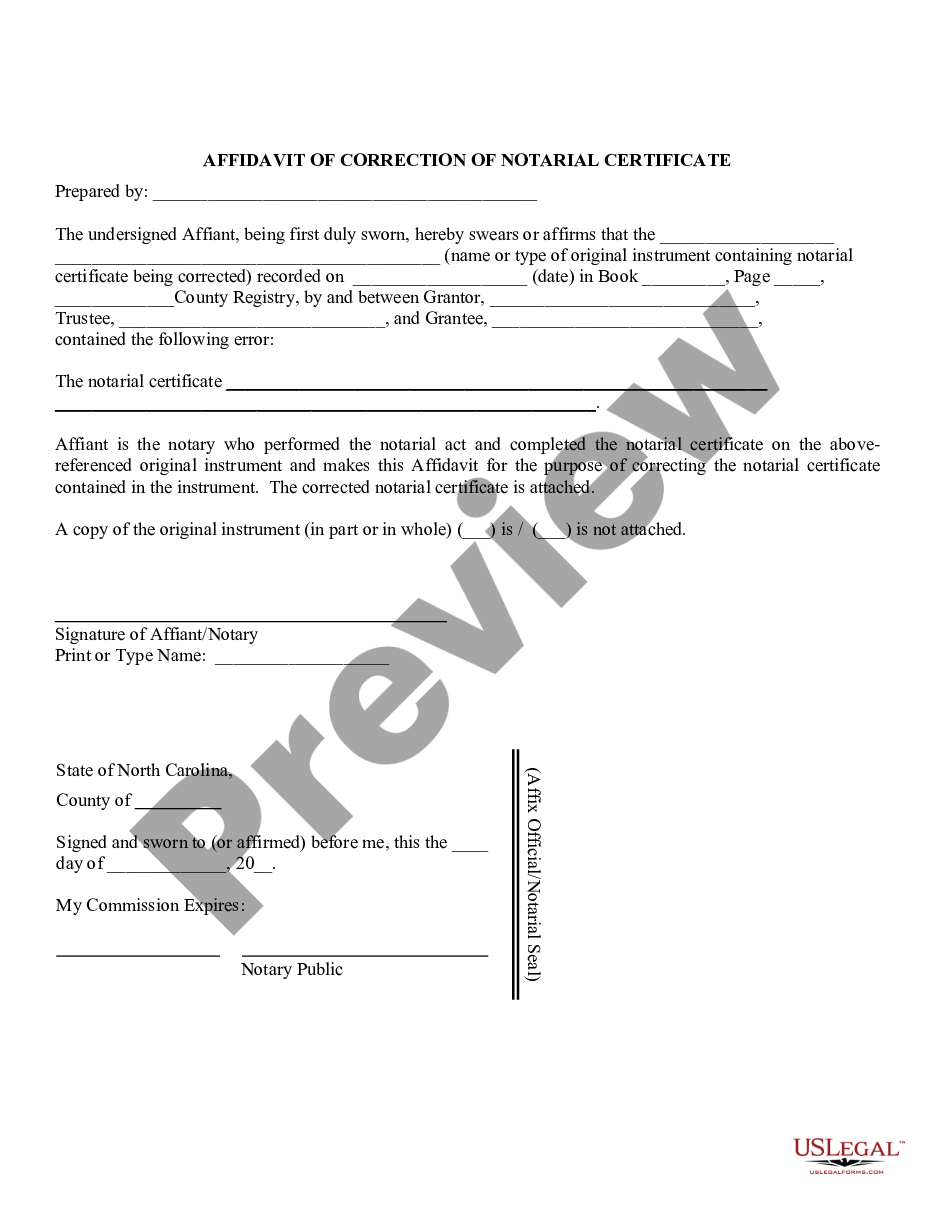 North Carolina Affidavit Of Correction Of Notarial Certificate Us Legal Forms 0083