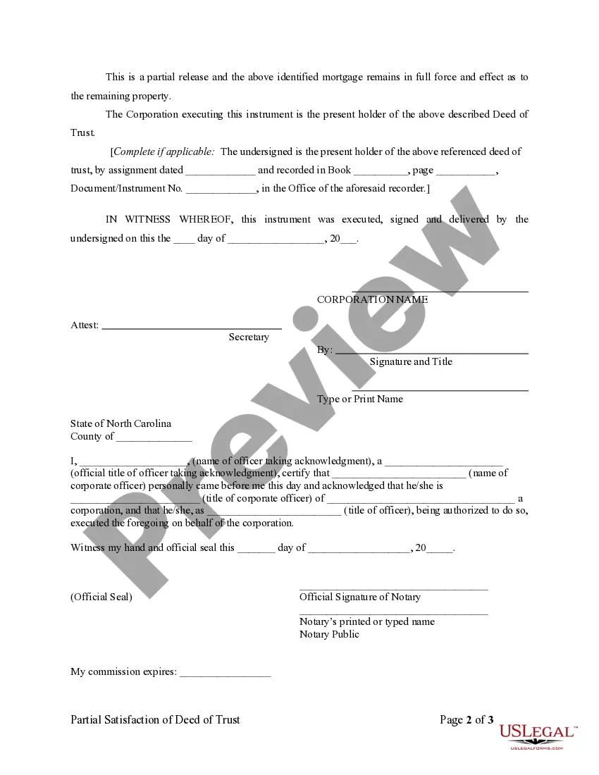 Preview Partial Release of Property From Deed of Trust for Corporation
