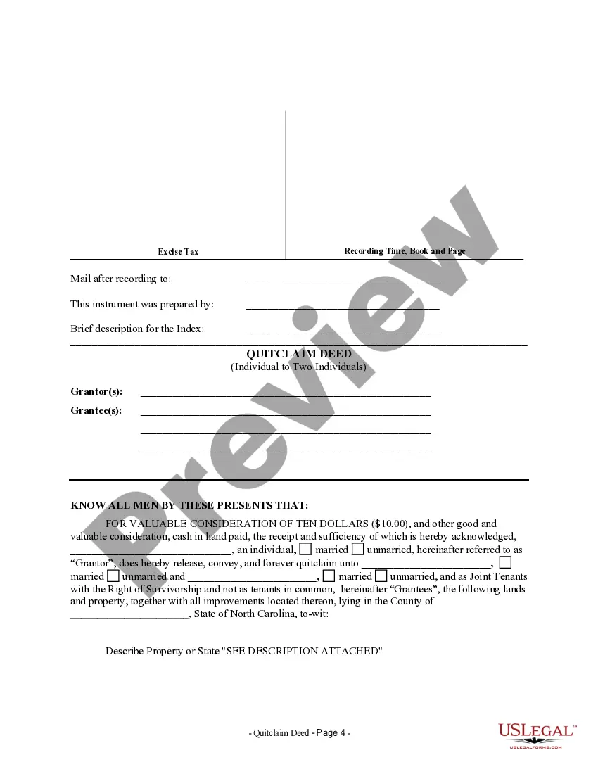 Get Quitclaim Deed from one Individual to Two Individuals as Joint Tenants with the Right of Survivorship Preview Quitclaim Deed from one Individual to Two Individuals as Joint Tenants with the Right of Survivorship