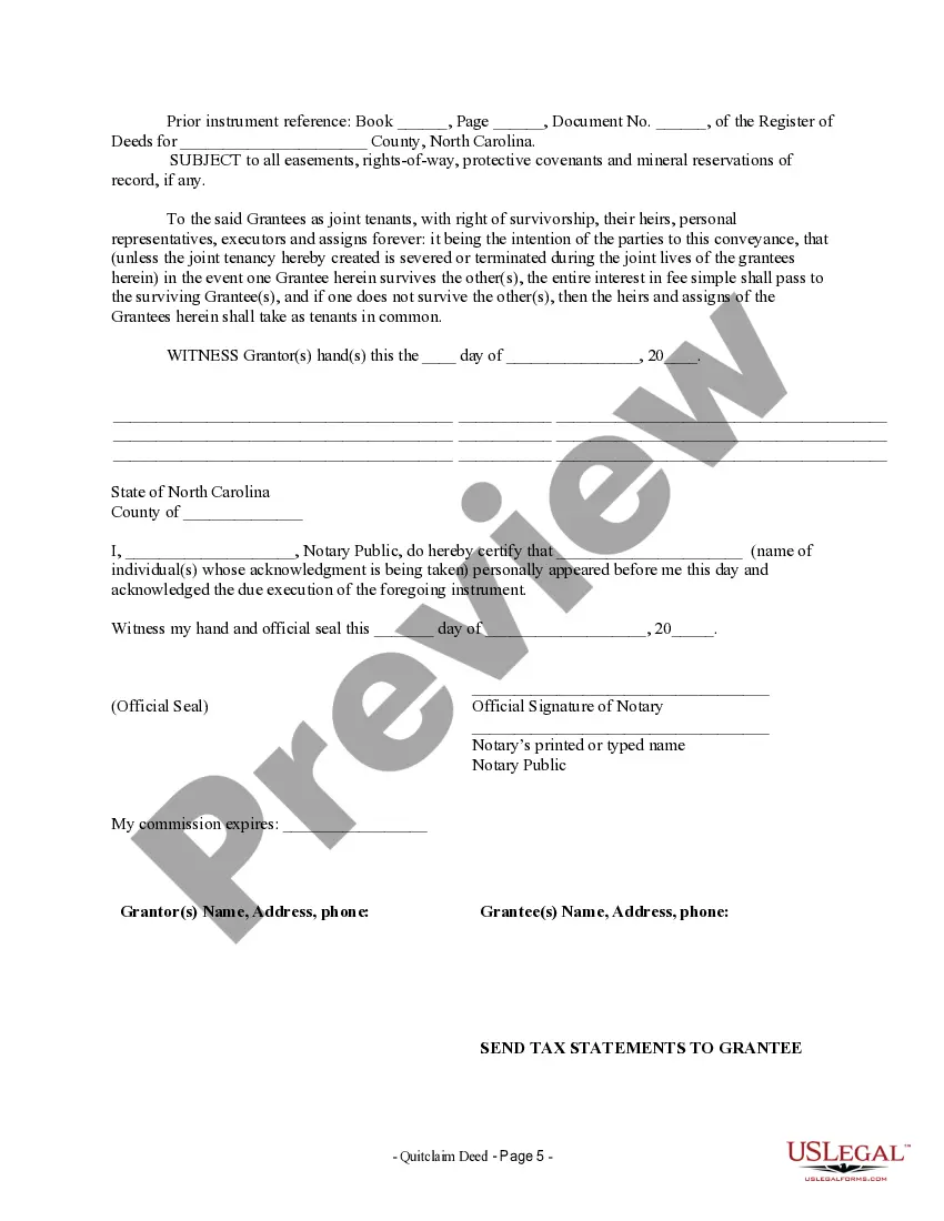 Get Quitclaim Deed from one Individual to Two Individuals as Joint Tenants with the Right of Survivorship Preview Quitclaim Deed from one Individual to Two Individuals as Joint Tenants with the Right of Survivorship