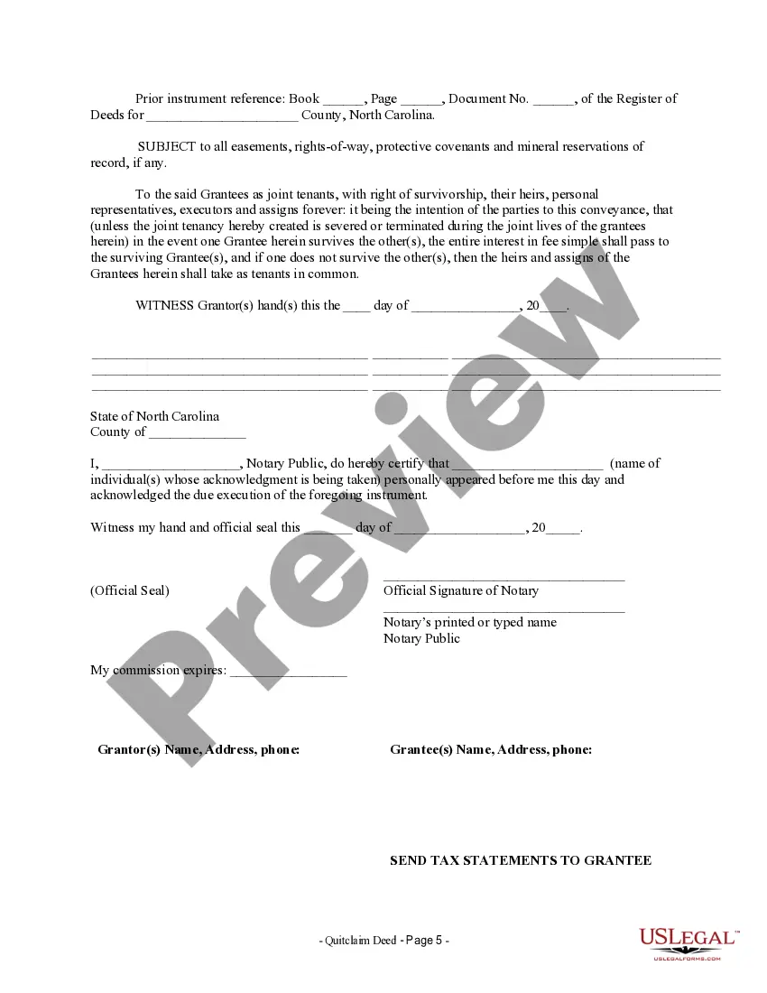 Preview Quitclaim Deed for One Individual to Three Individuals as Joint Tenants with the Right of Survivorship