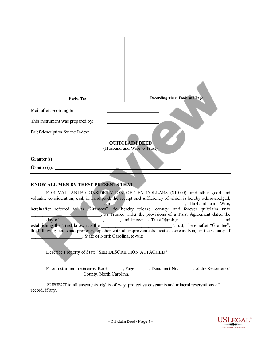 North Carolina Quitclaim Deed From Husband And Wife To Trust Us Legal Forms 6554