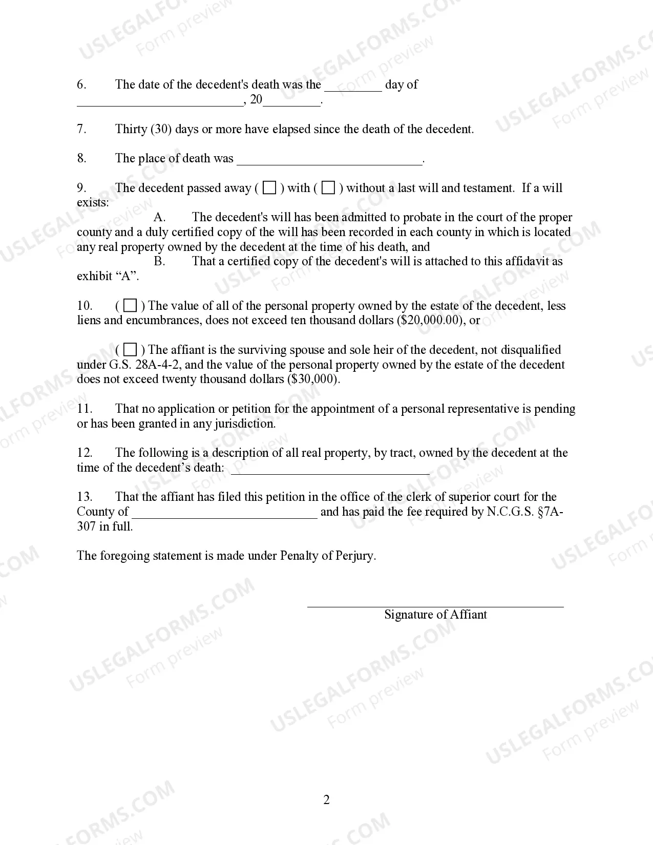 Preview Small Estate Affidavit for North Carolina for estates not more than $20,000 - $30,000