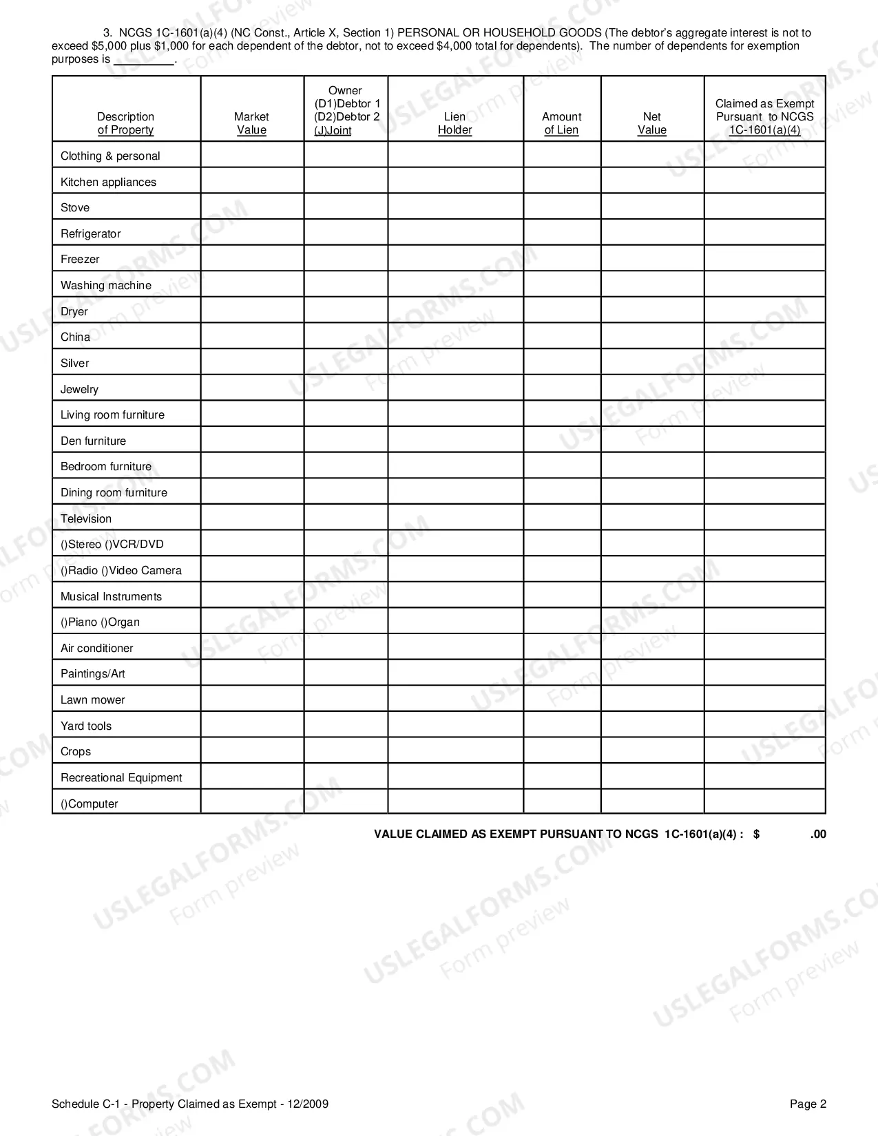 Preview Schedule C-1 Property Claimed As Exempt After Jan. 1 2006