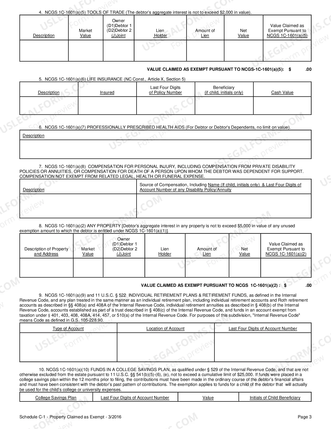 Preview Schedule C-1 Property Claimed As Exempt After Jan. 1 2006
