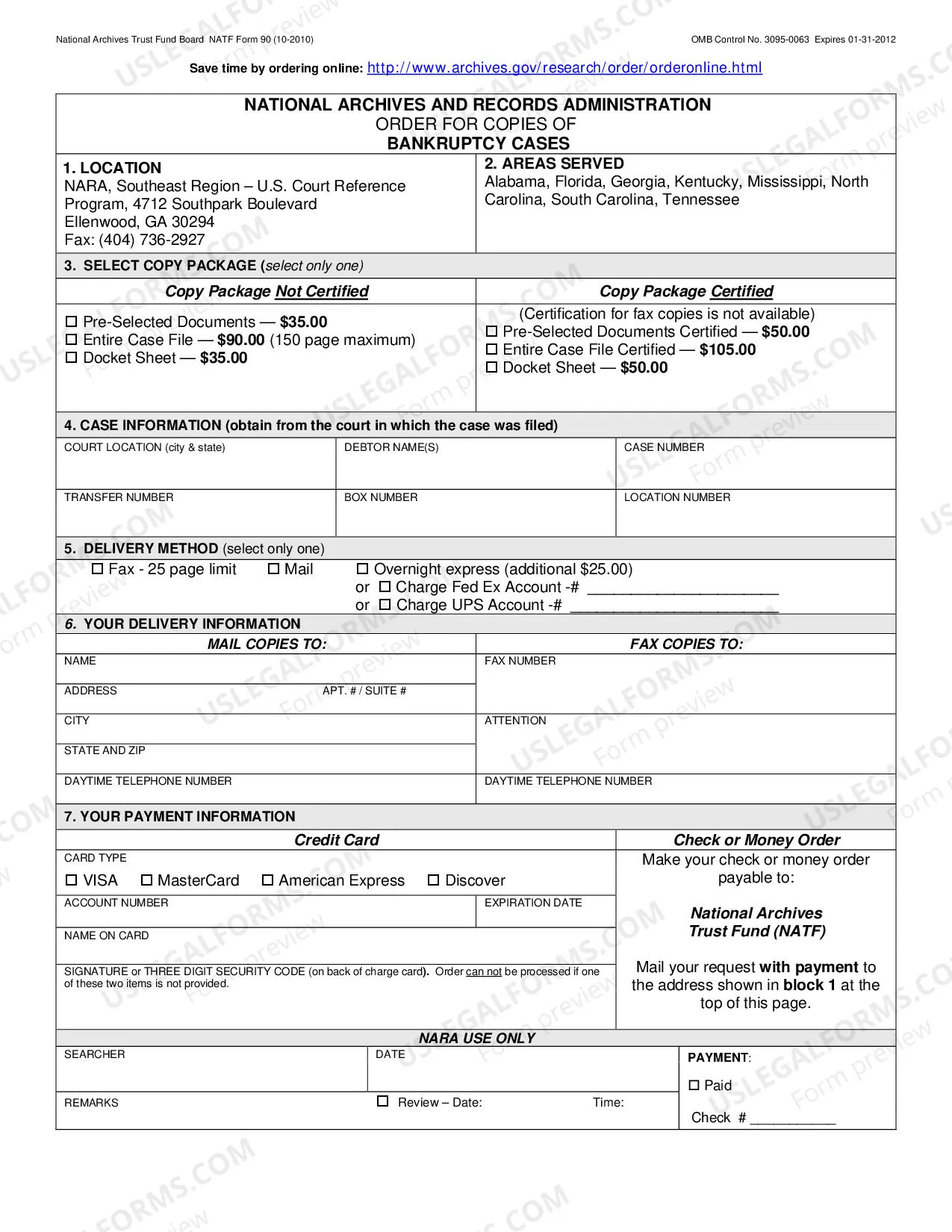 Preview Request for Closed Case Information from National Archives Center - Instructions and request form.