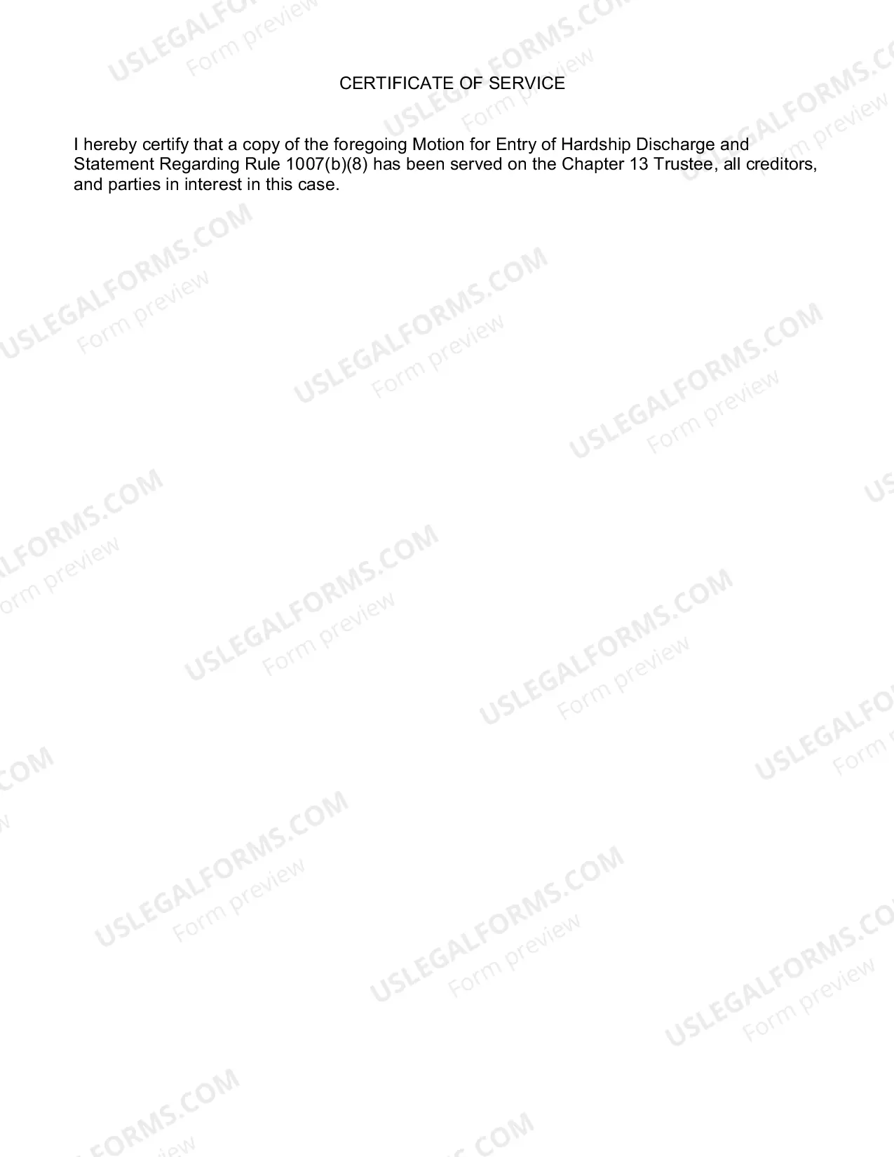 Preview Debtors Motion For Entry of Hardship Discharge and Statement Regarding Bankruptcy Rule 1007(b)(8)
