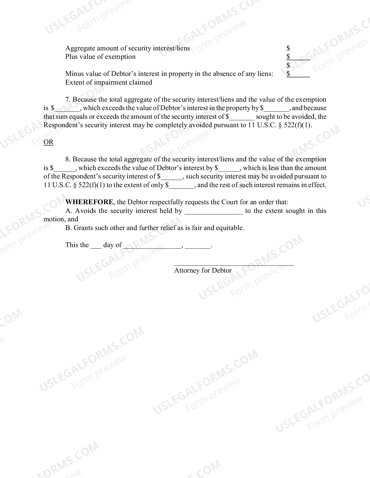 Preview Debtors Motion To Avoid Security Interest Of