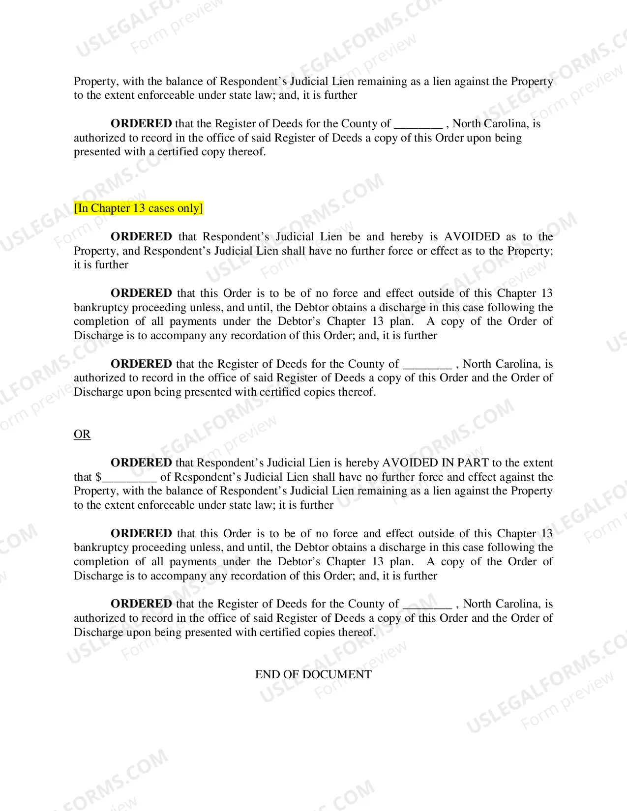 Preview Order Avoiding Judicial Lien