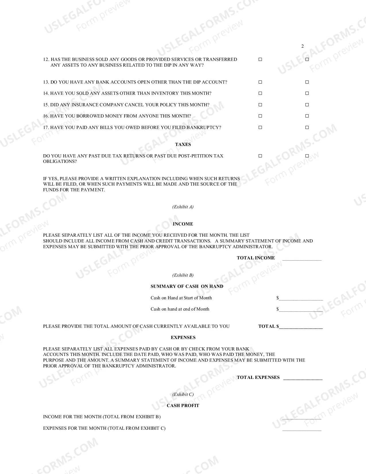 Preview Chapter 11 Monthly Operations Report-non-small business) --Revised:01/2009)