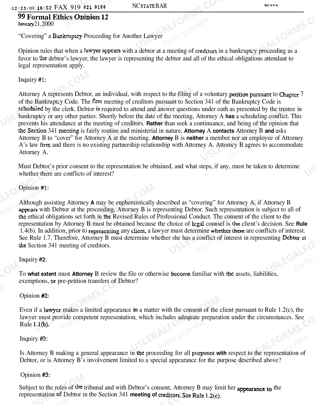 Preview 99 Formal Ethics Opinion --Revised:03/2000)