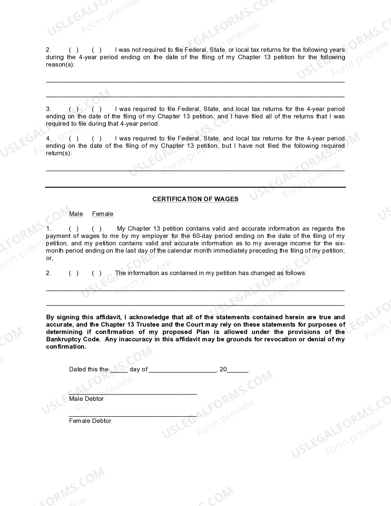 Preview Debtors Certification and Affidavit 341 Meeting