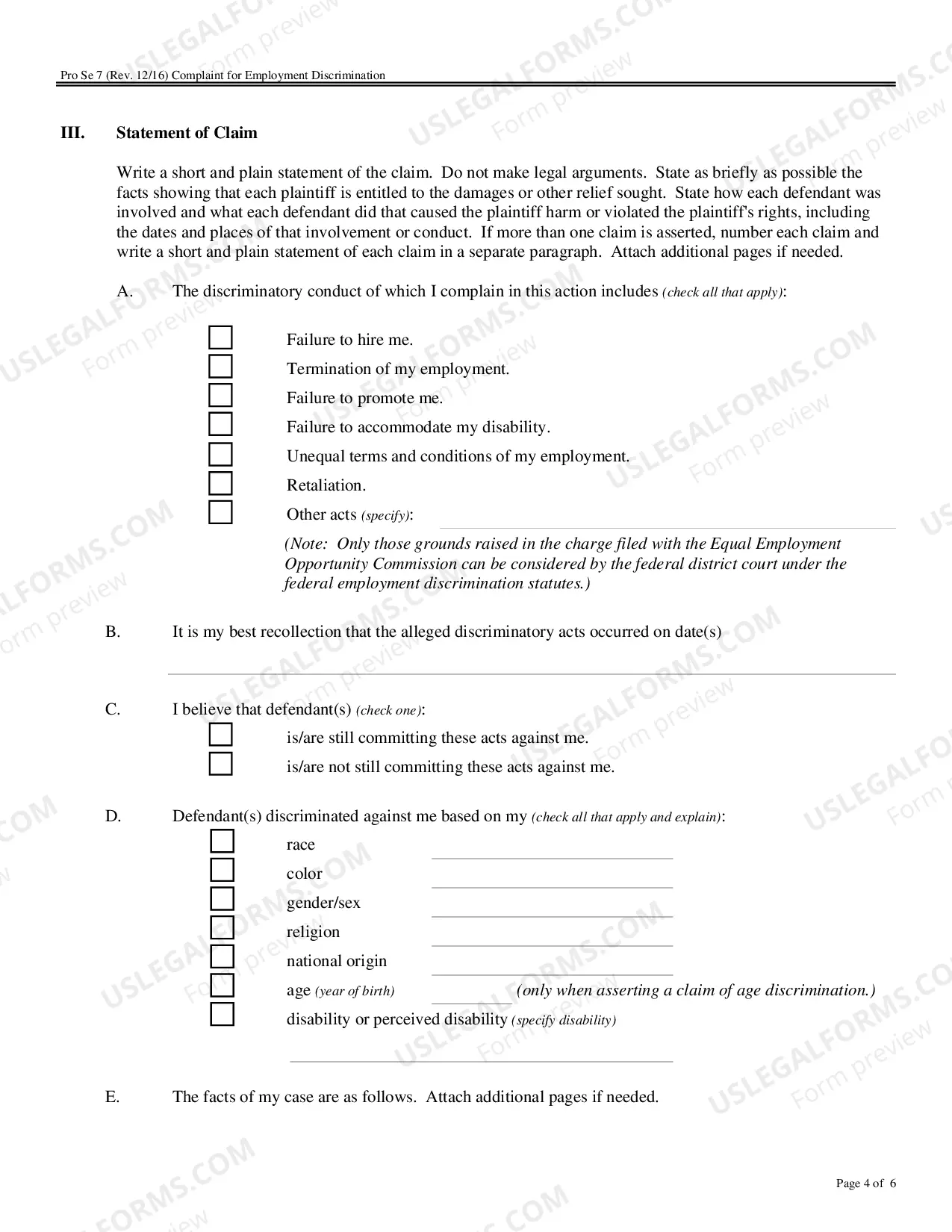 Preview Complaint for Employment Discrimination
