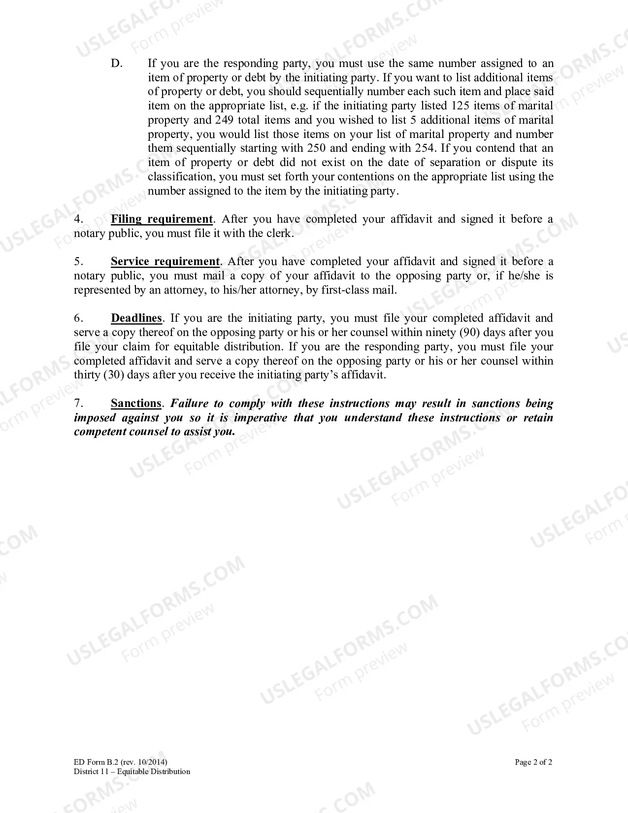 Preview Instructions For Completion of Equitable Distribution Inventory Affidavit