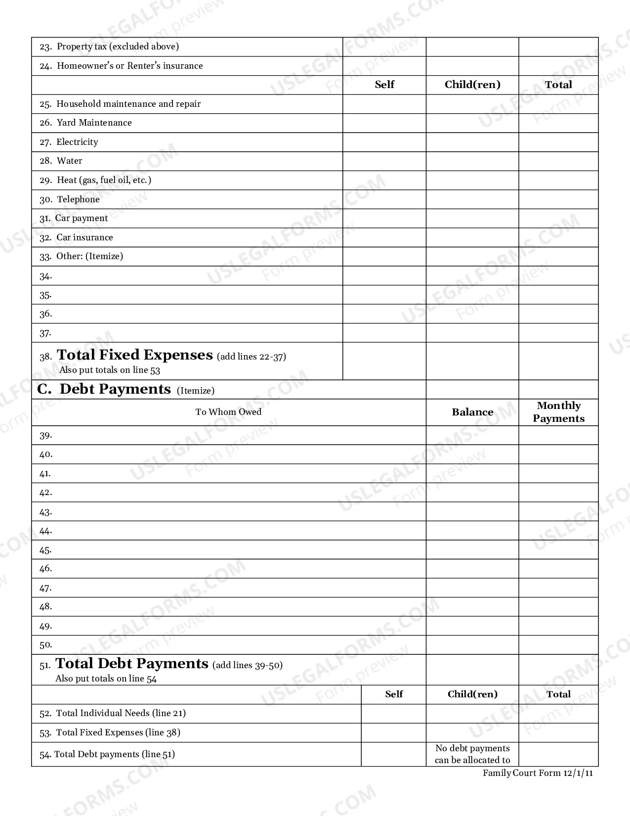 Preview Post Separation Support/Alimony - Financial Affidavit WORD