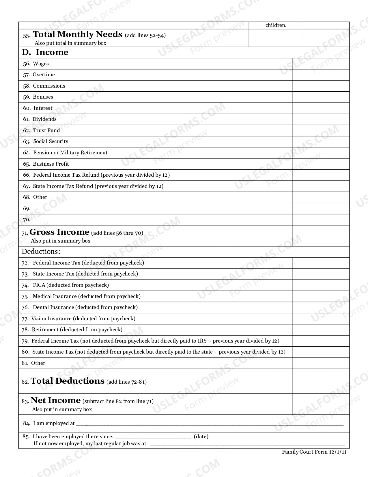 Preview Post Separation Support/Alimony - Financial Affidavit WORD