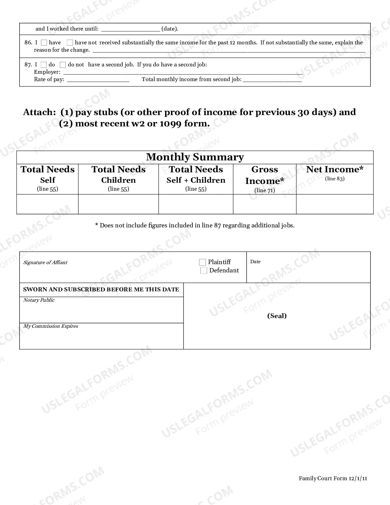 Preview Post Separation Support/Alimony - Financial Affidavit WORD