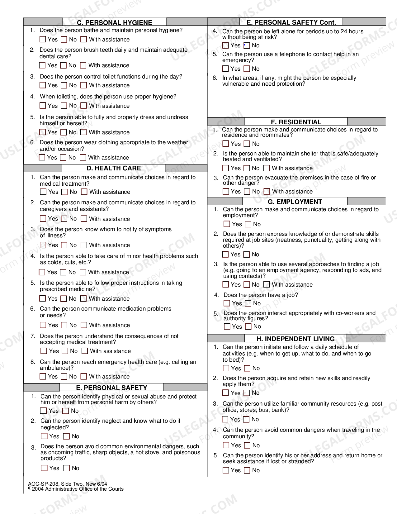 North Carolina Guardianship Capacity Questionnaire Aoc Sp 208 US
