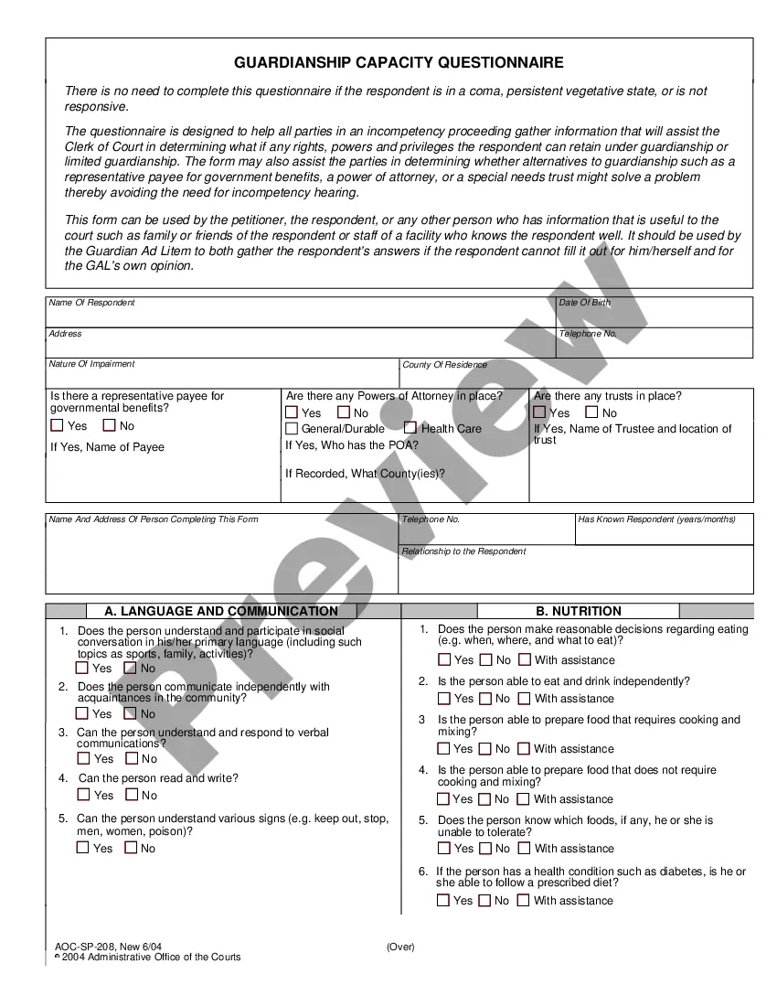 North Carolina Guardianship Capacity Questionnaire - Aoc Sp 208 | US ...