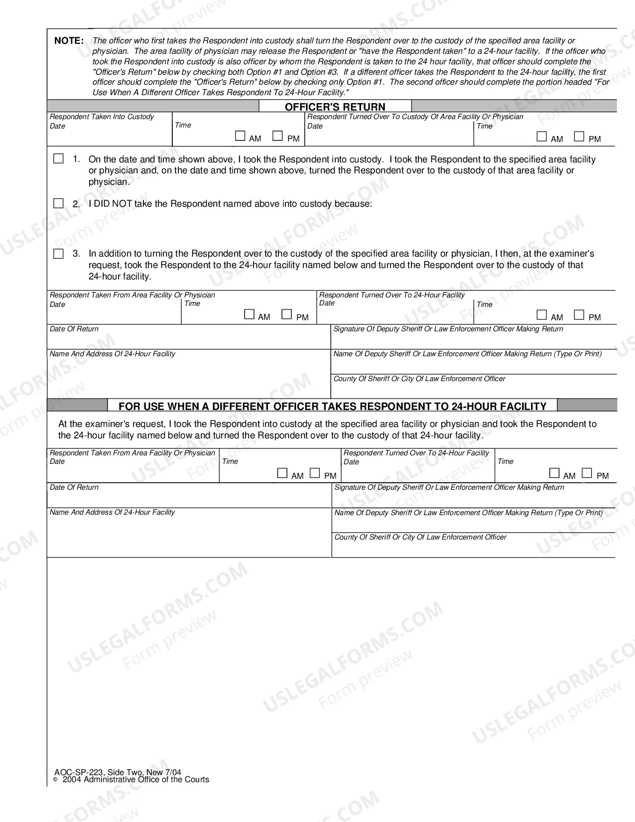 Preview Request for Transportation Order and Order - Committed Substance Abuser Fails to Comply with Treatment or is Discharged from 24 Hour Facility