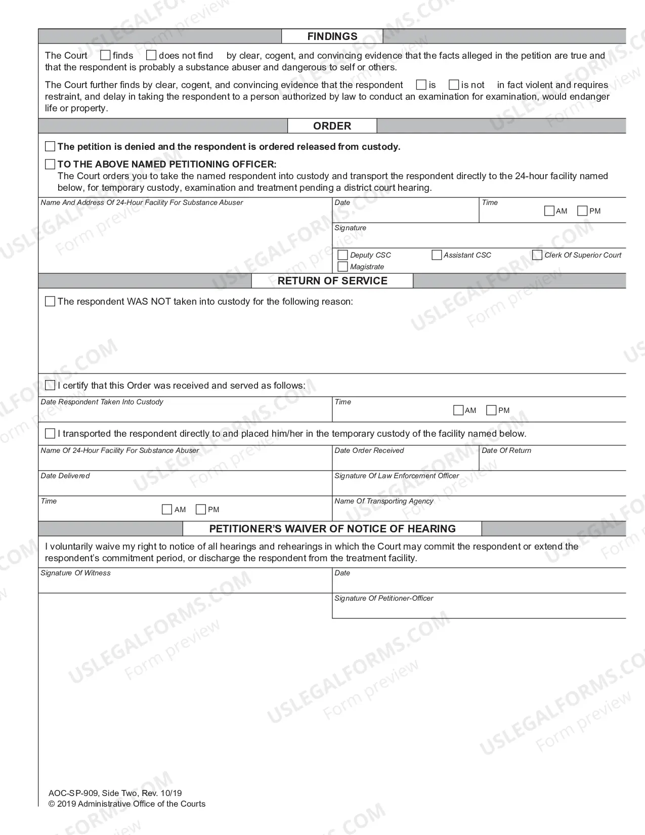 Preview Petition and Custody Order for Special Emergency Substance Abuse Involuntary Commitment