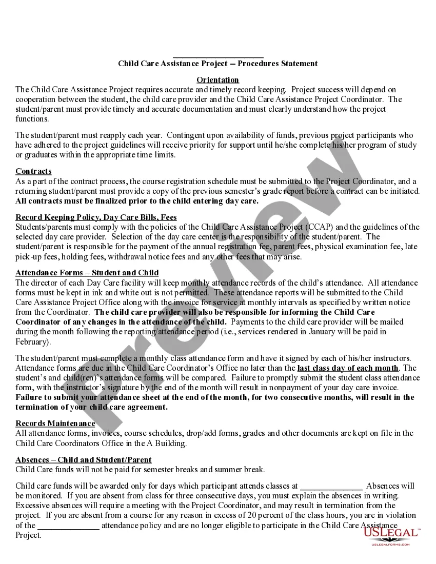 Preview Child Care Assistance Project Application