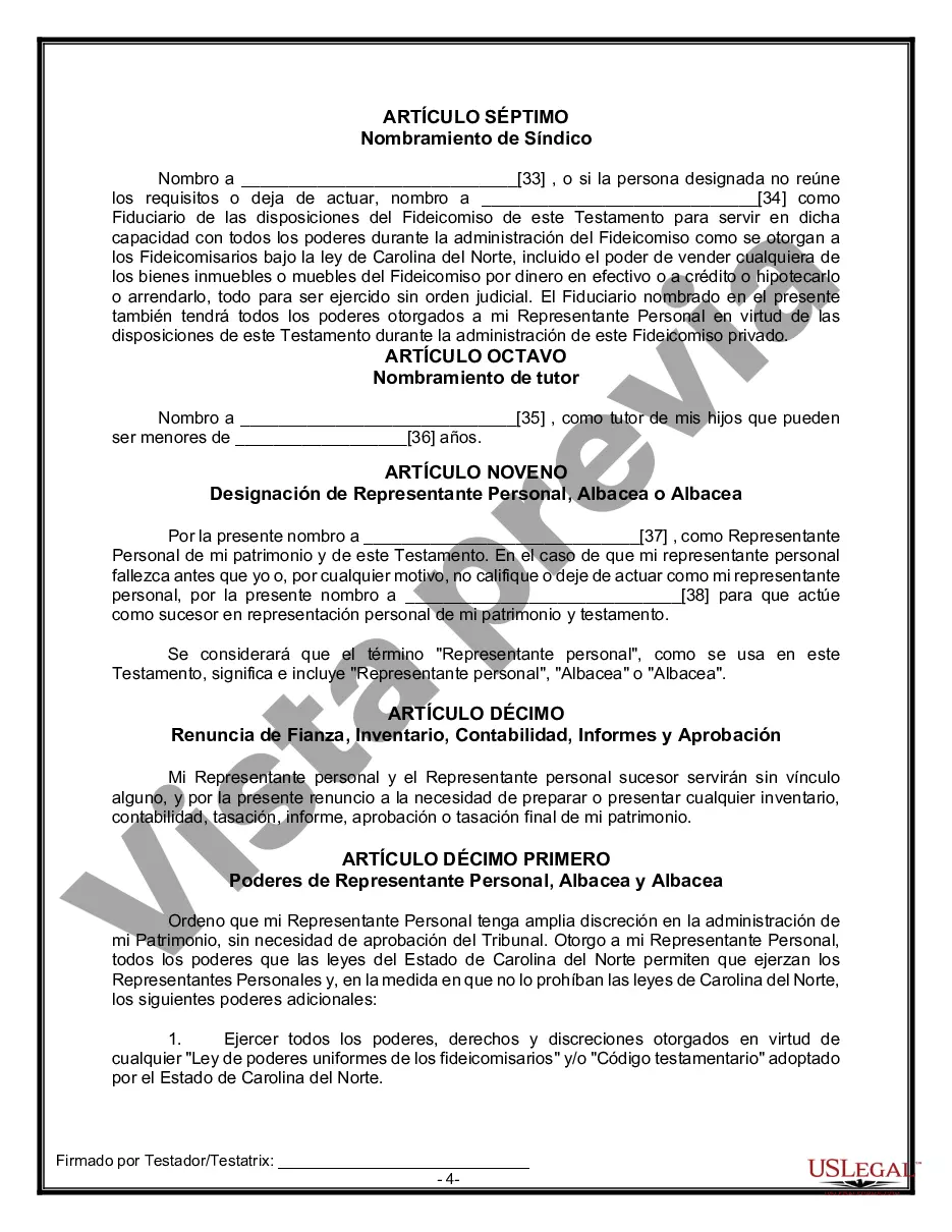 Preview Formulario Legal de Última Voluntad y Testamento para Persona Soltera con Hijos Adultos y Menores