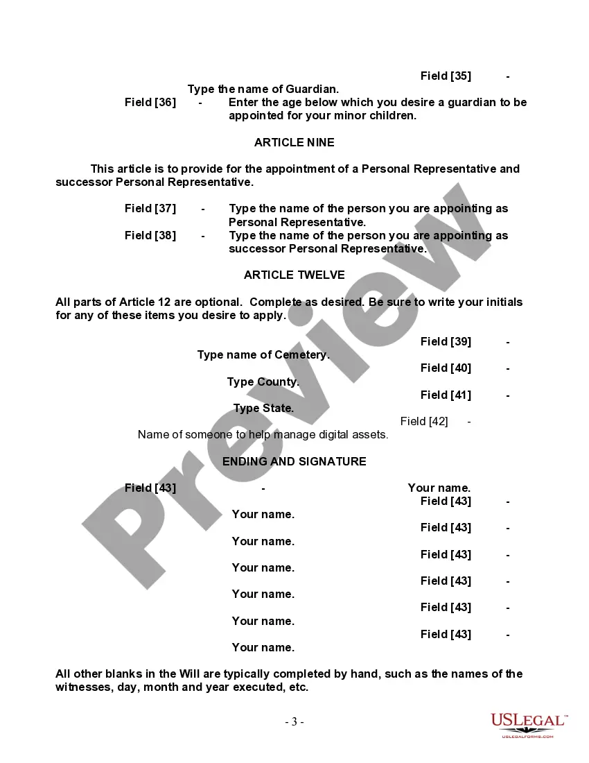 Preview Last Will and Testament for Single Person with Adult and Minor Children