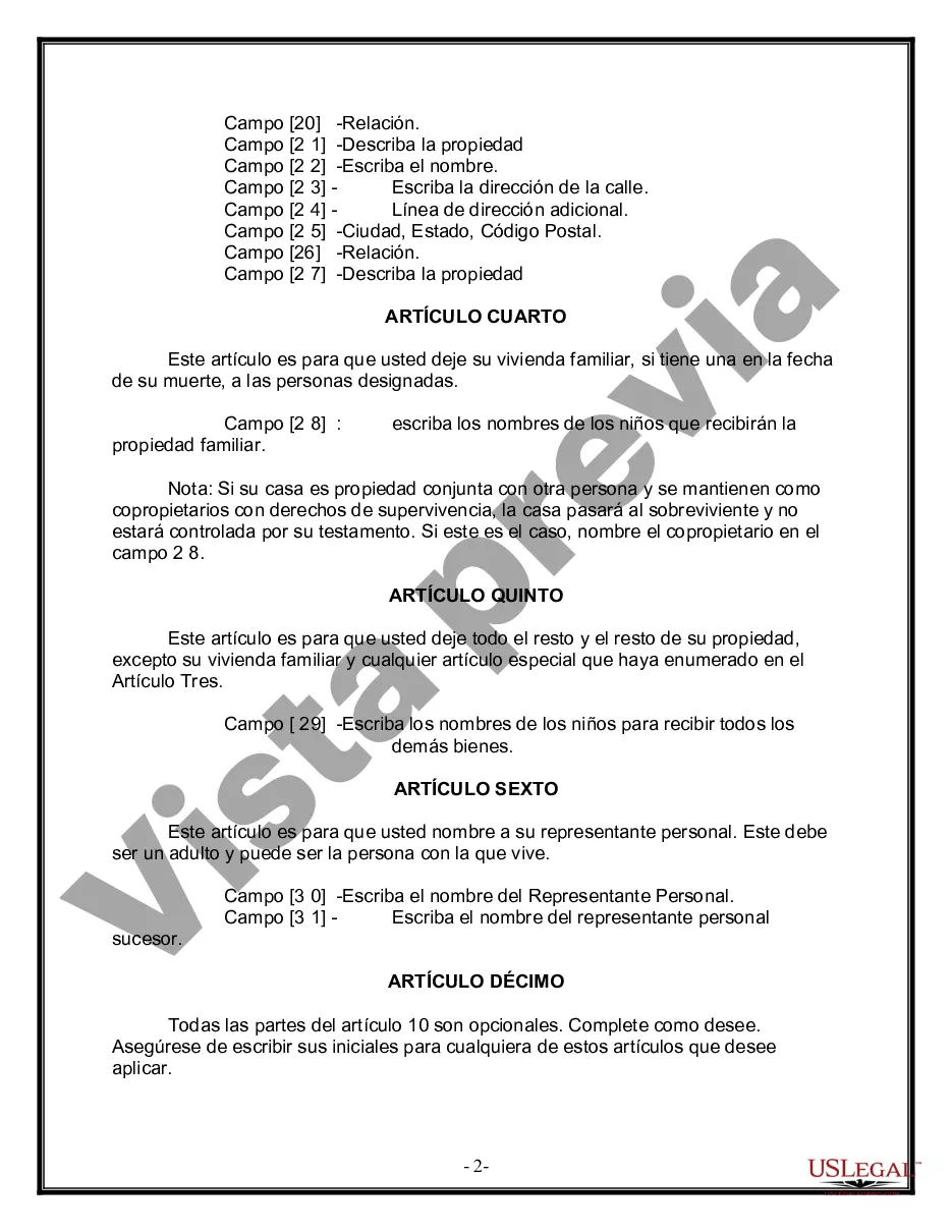 Preview Formulario Legal de Última Voluntad y Testamento para Persona Soltera con Hijos Adultos