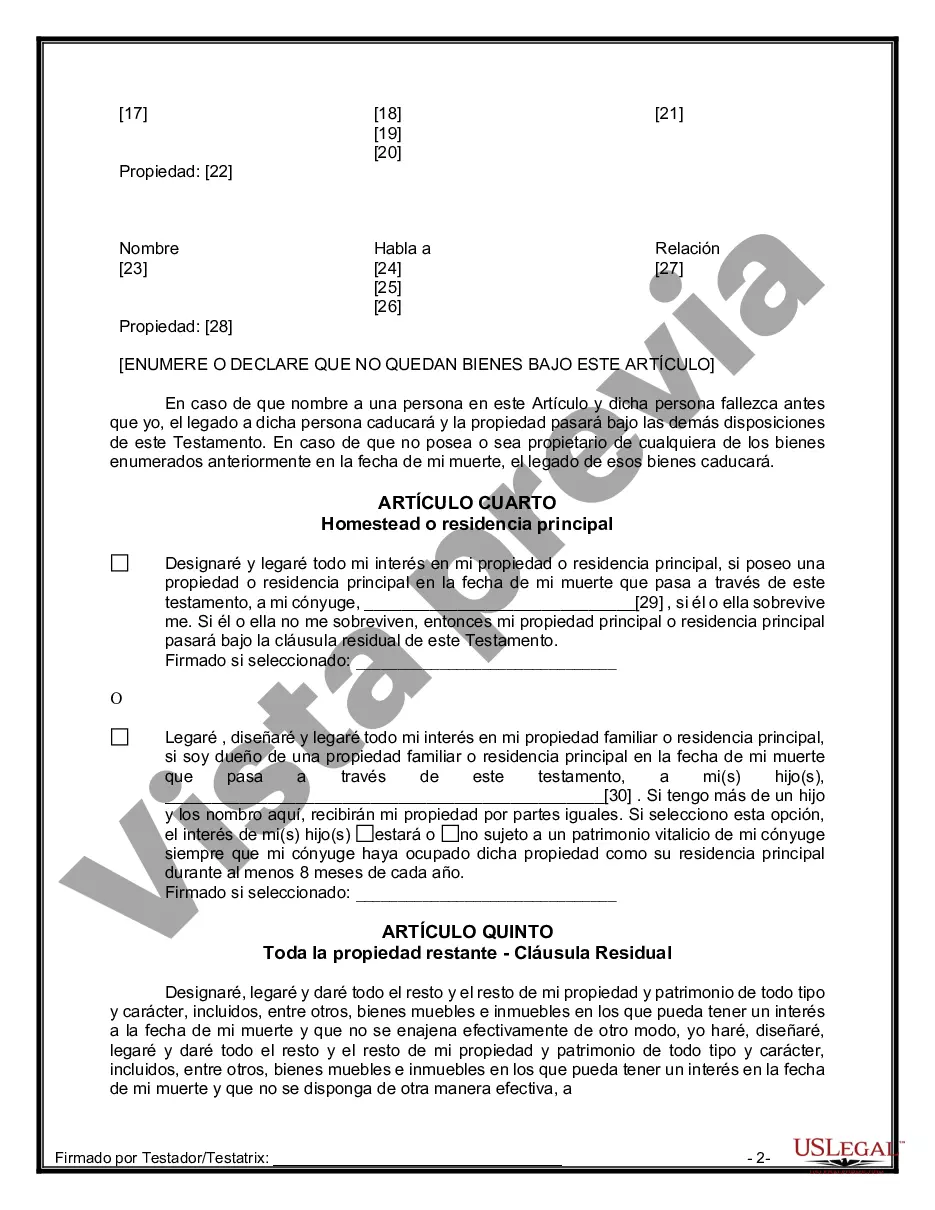 Preview Última voluntad y testamento legal para persona casada con hijos menores de edad de un matrimonio anterior