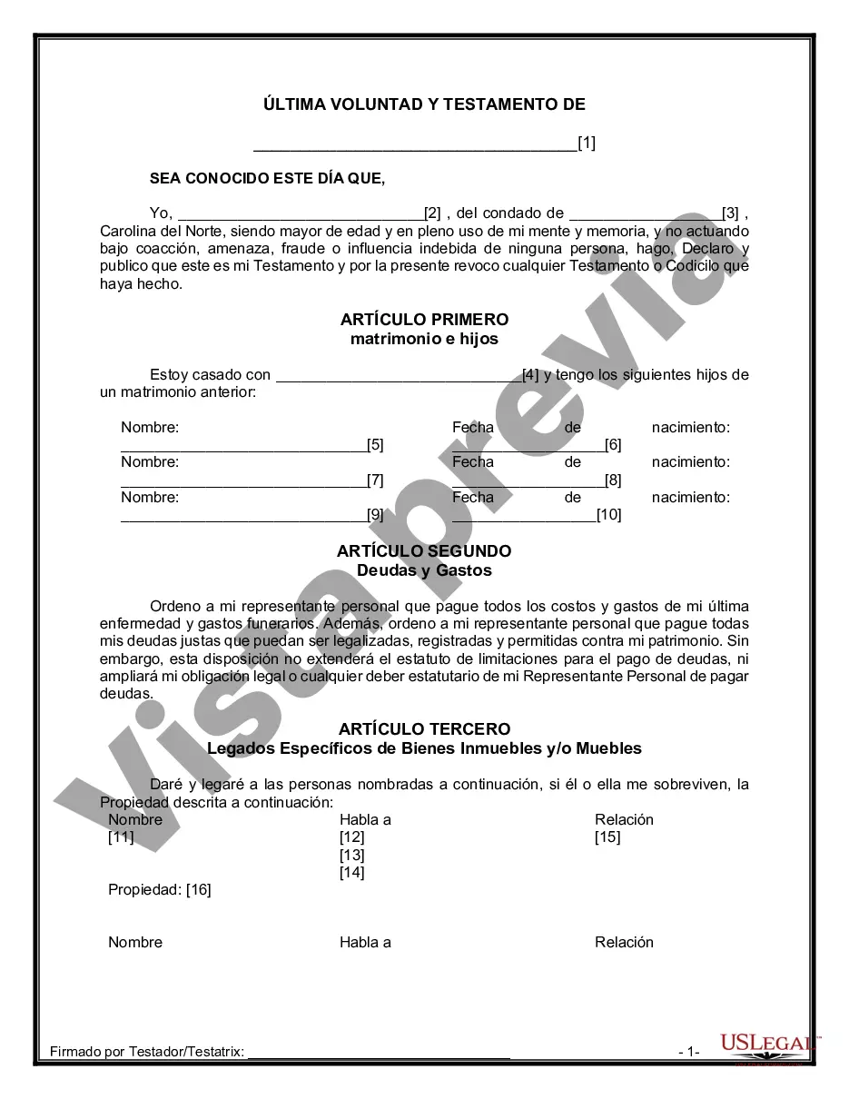 Preview Última voluntad y testamento legal para persona casada con hijos menores de edad de un matrimonio anterior
