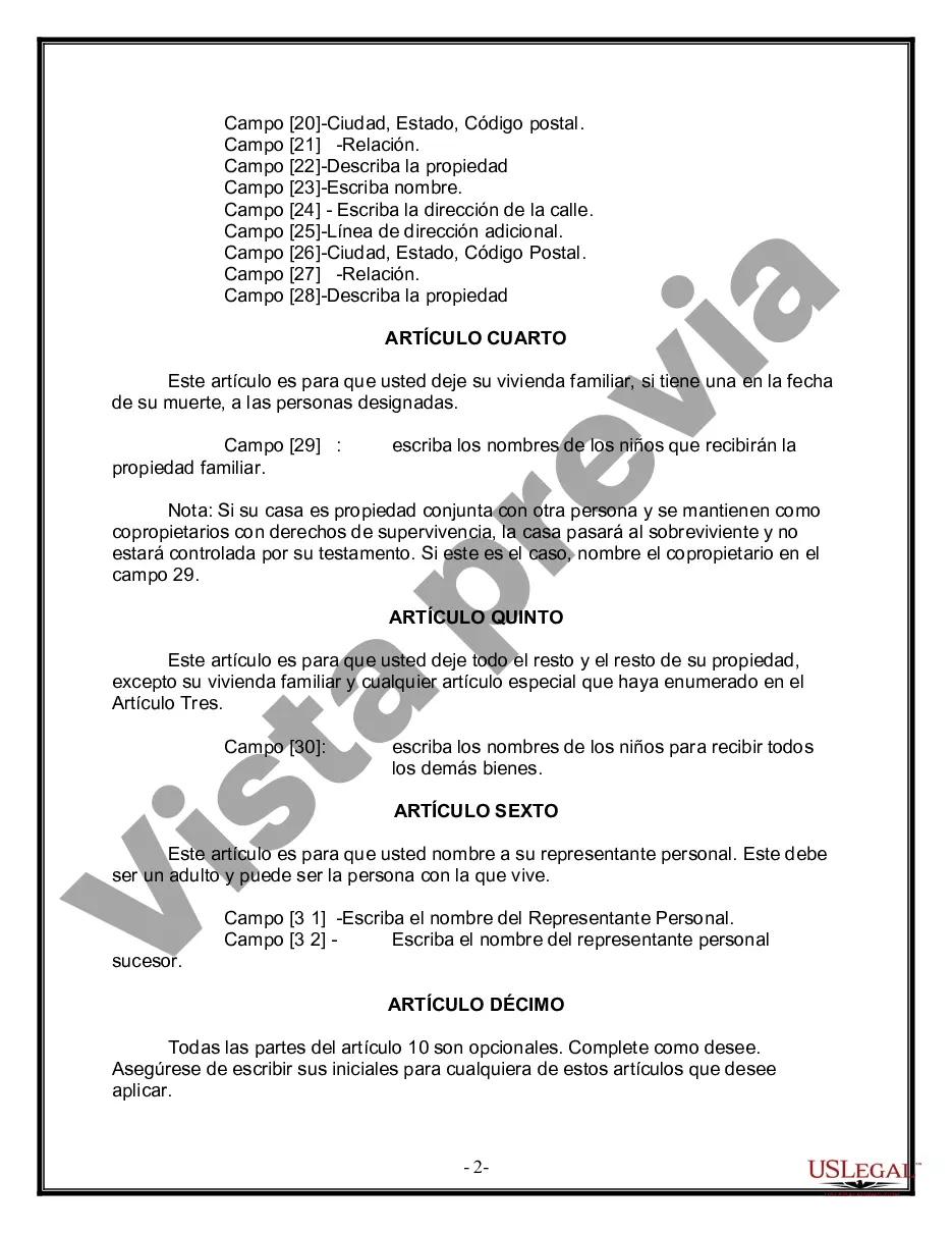 Preview Formulario de última voluntad y testamento legal para personas divorciadas que no se han vuelto a casar con hijos adultos