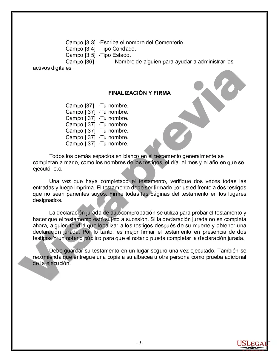 Preview Formulario de última voluntad y testamento legal para personas divorciadas que no se han vuelto a casar con hijos adultos