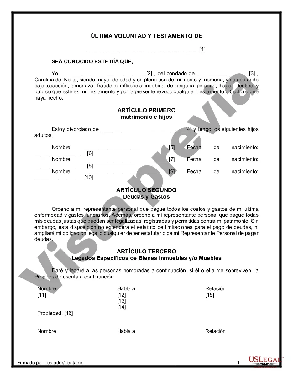 Preview Formulario de última voluntad y testamento legal para personas divorciadas que no se han vuelto a casar con hijos adultos