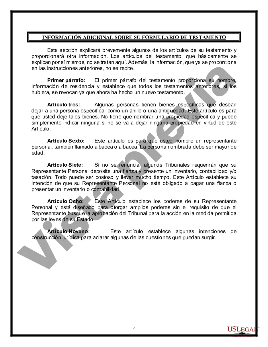 Preview Formulario de última voluntad y testamento legal para personas divorciadas que no se han vuelto a casar y no tienen hijos