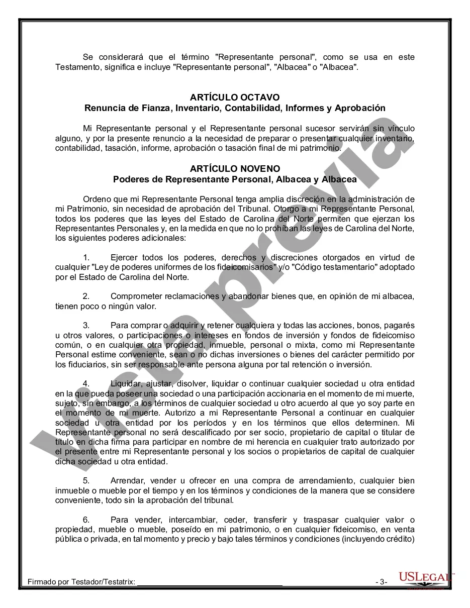 Preview Formulario de última voluntad y testamento legal para una persona casada sin hijos