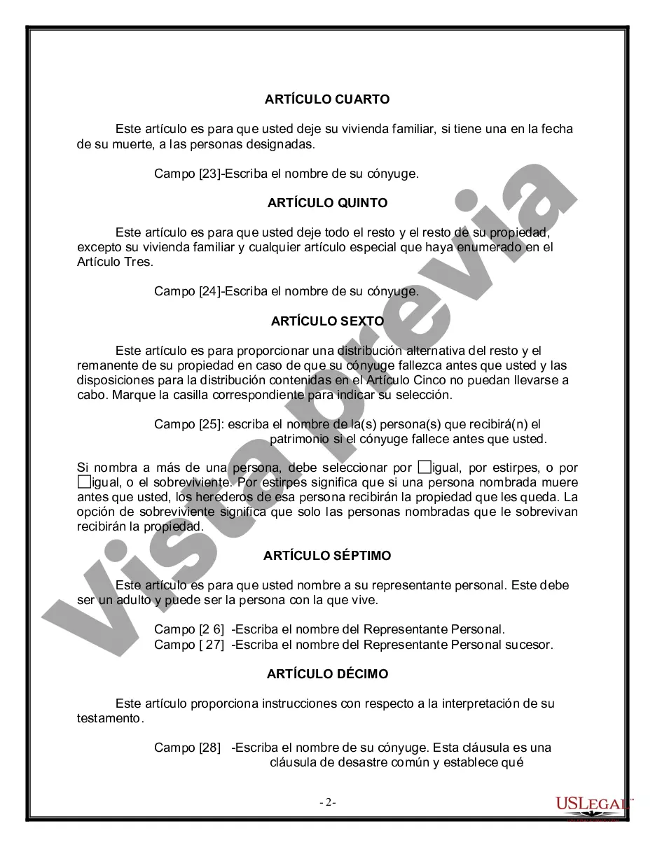 Preview Formulario de última voluntad y testamento legal para una persona casada sin hijos