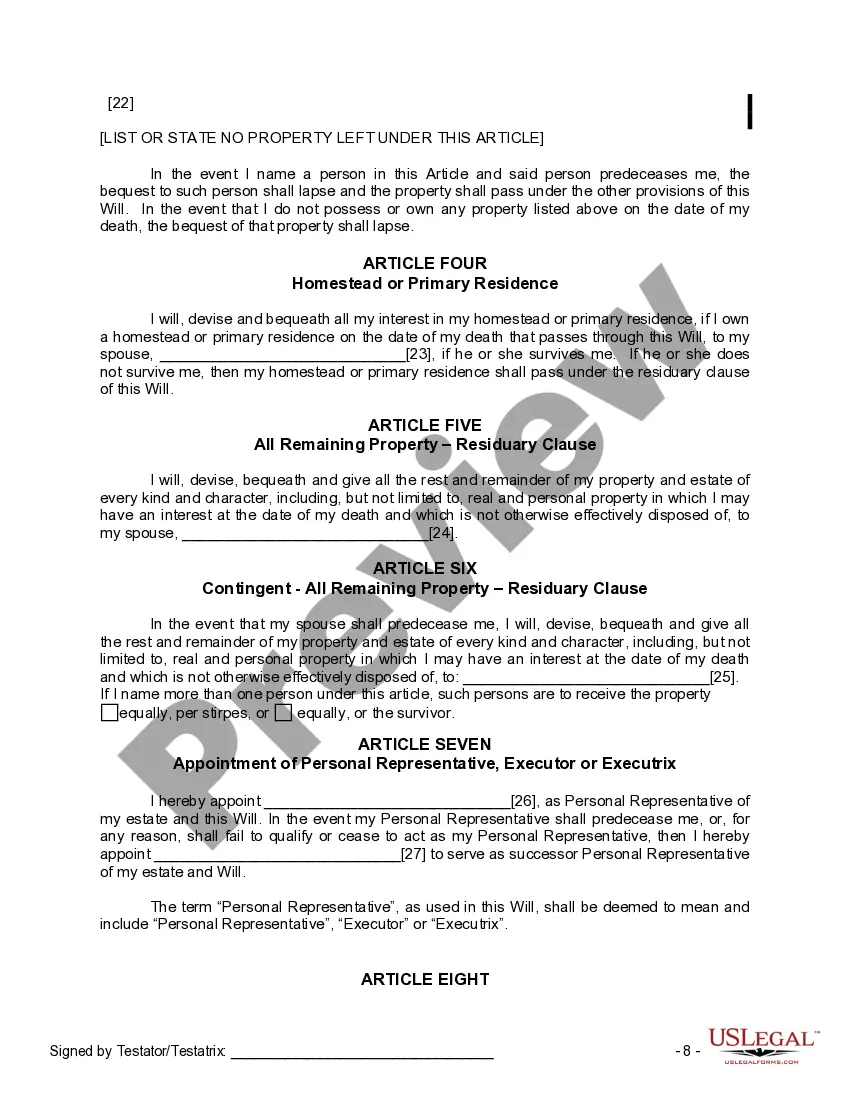 Preview Last Will and Testament for a Married Person with No Children