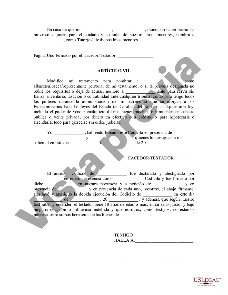 Get Codicilo al formulario de testamento para enmendar su testamento - Cambios o enmiendas de testamento Preview Codicilo al formulario de testamento para enmendar su testamento - Cambios o enmiendas de testamento