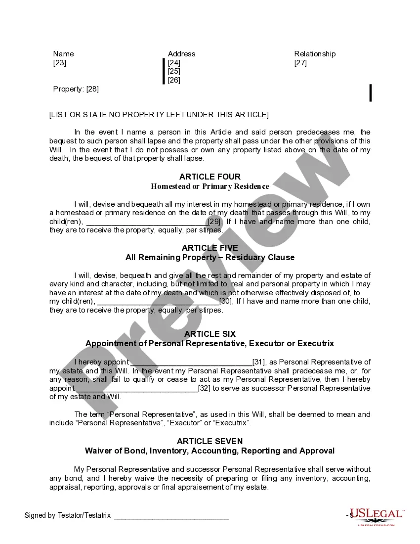 Preview Last Will and Testament for a Widow or Widower with Adult Children