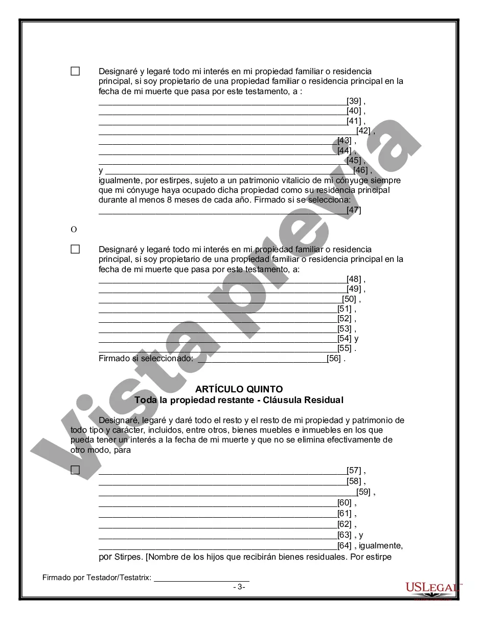 Preview Formulario Legal de Última Voluntad y Testamento para Persona Divorciada y Recasada con Hijos Míos, Tuyos y Nuestros